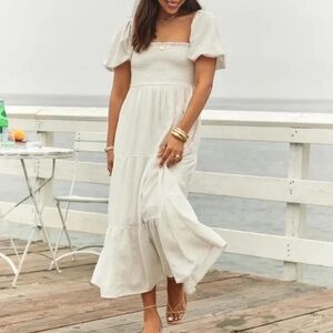 Abercrombie & Fitch Cream Puff Sleeve Midi Dress Ivory